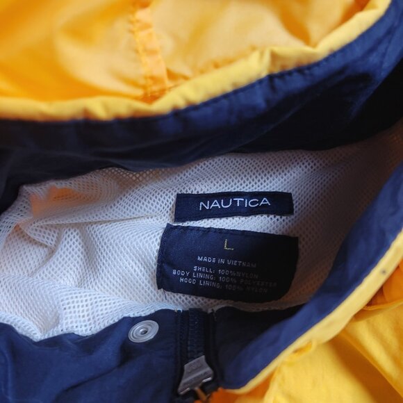 Nautica Jacket Mens Large Yellow Lightweight Hooded Sailing Windbreaker Spellout - Picture 2 of 9